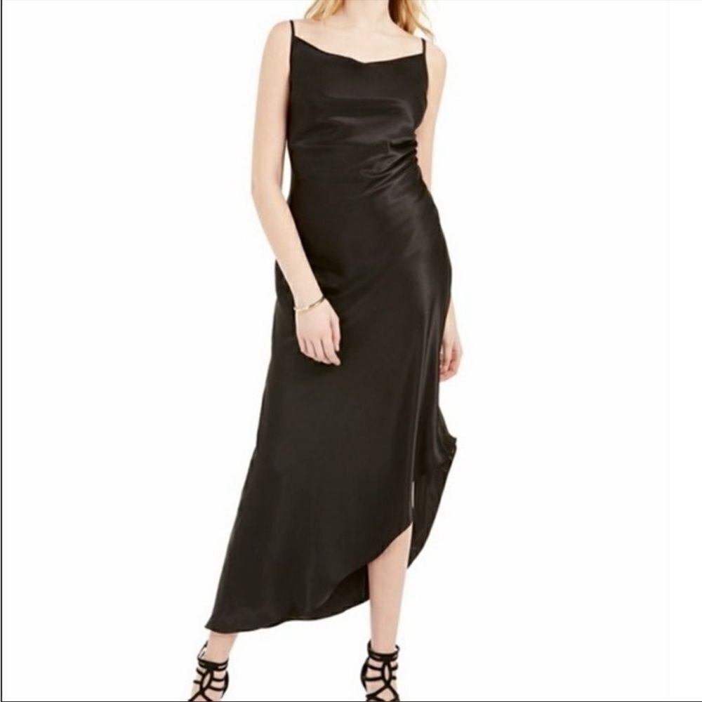 NWOT Bebe Black Satin Cowl Neck Maxi Midi Asymmetrical Dinner,Engagement
